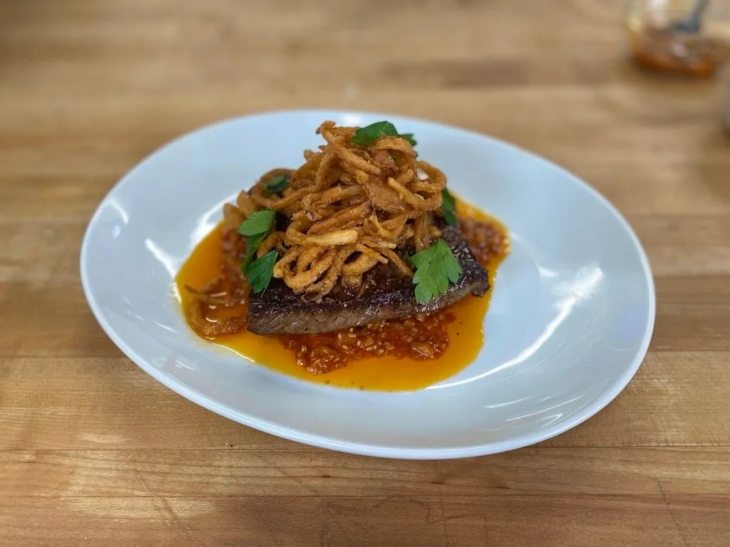 Flat Iron Steak with Salsa Macha and Crispy Onions