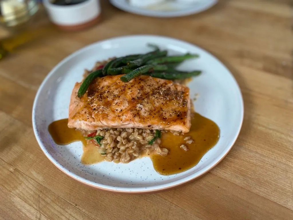 Bourbon Glazed Salmon with Farro Risotto